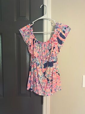 Lilly Pulitzer Pink Multicolor Off-Shoulder Ruffle Blouse- La Fortuna